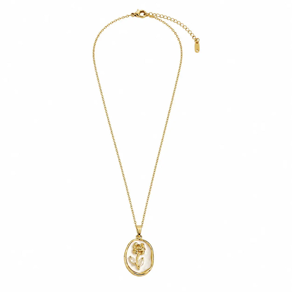 Pendant necklace with gold-tone oval rose design, pearlescent-look centre, lobster clasp and extender, full view