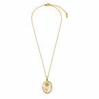 Pendant necklace with gold-tone oval rose design, pearlescent-look centre, lobster clasp and extender, full view