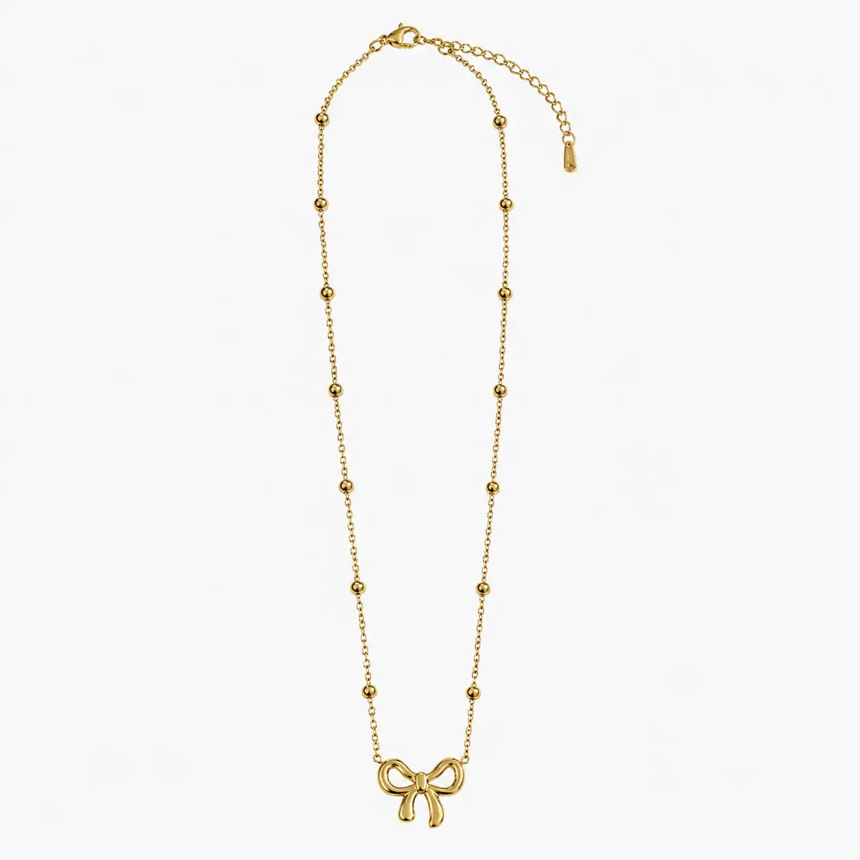 Necklace for girls in gold tone with bow charm, bead-accent chain, lobster clasp and extender, full product view