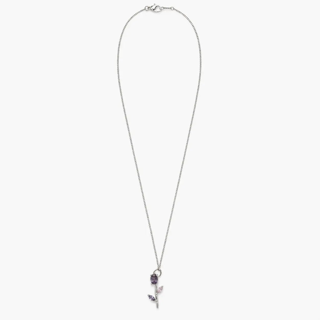 Silver-tone purple crystal tulip pendant necklace on white background, full chain view