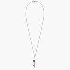 Silver-tone purple crystal tulip pendant necklace on white background, full chain view