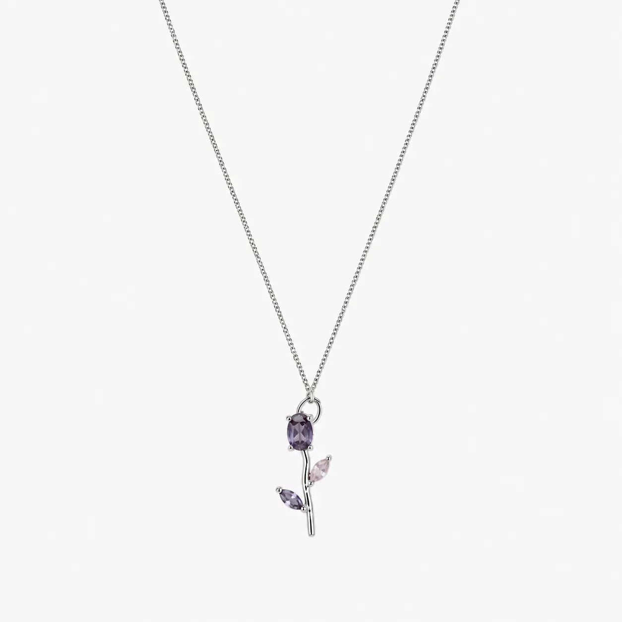 Close-up of purple and pink crystal tulip pendant on fine silver-tone chain