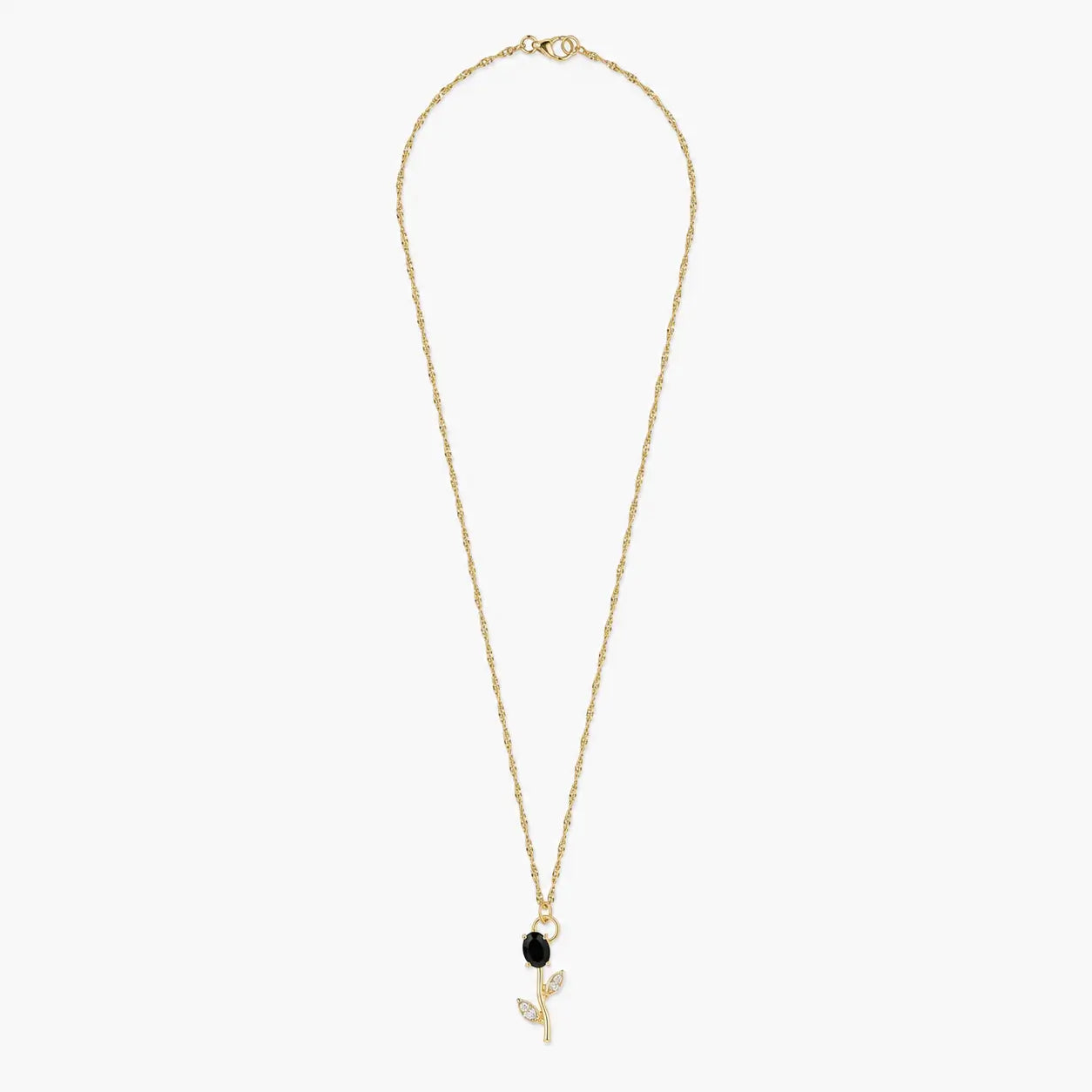 Gold-tone black crystal tulip pendant necklace on white background, full chain view