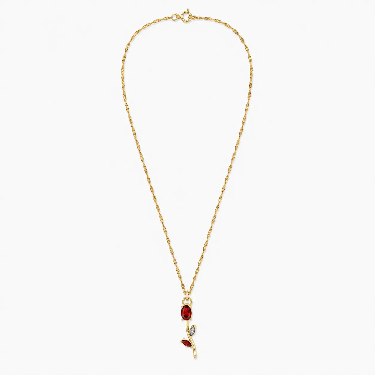 Close-up of red crystal tulip pendant with marquise leaf details on gold-tone chain