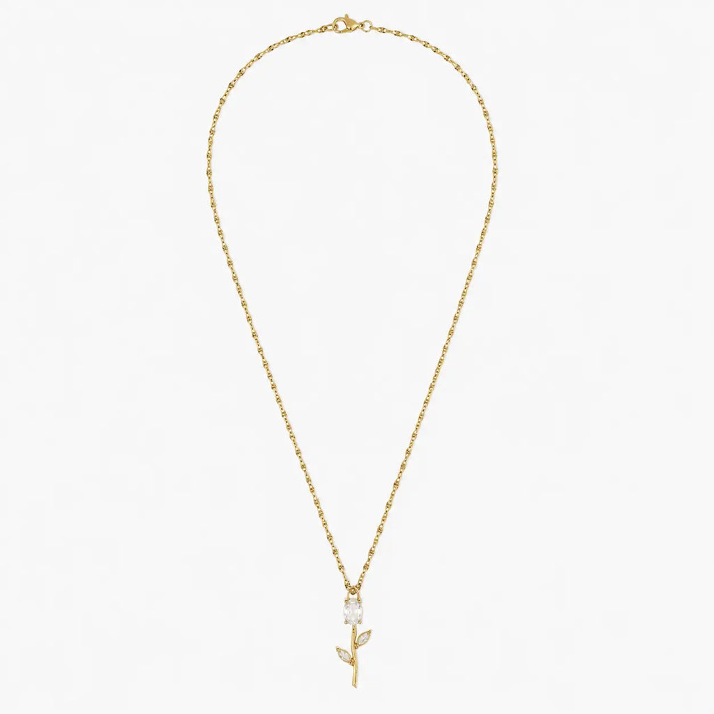 Gold-tone clear crystal tulip pendant necklace on white background, full chain view