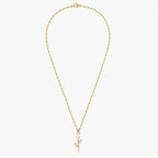 Gold-tone clear crystal tulip pendant necklace on white background, full chain view