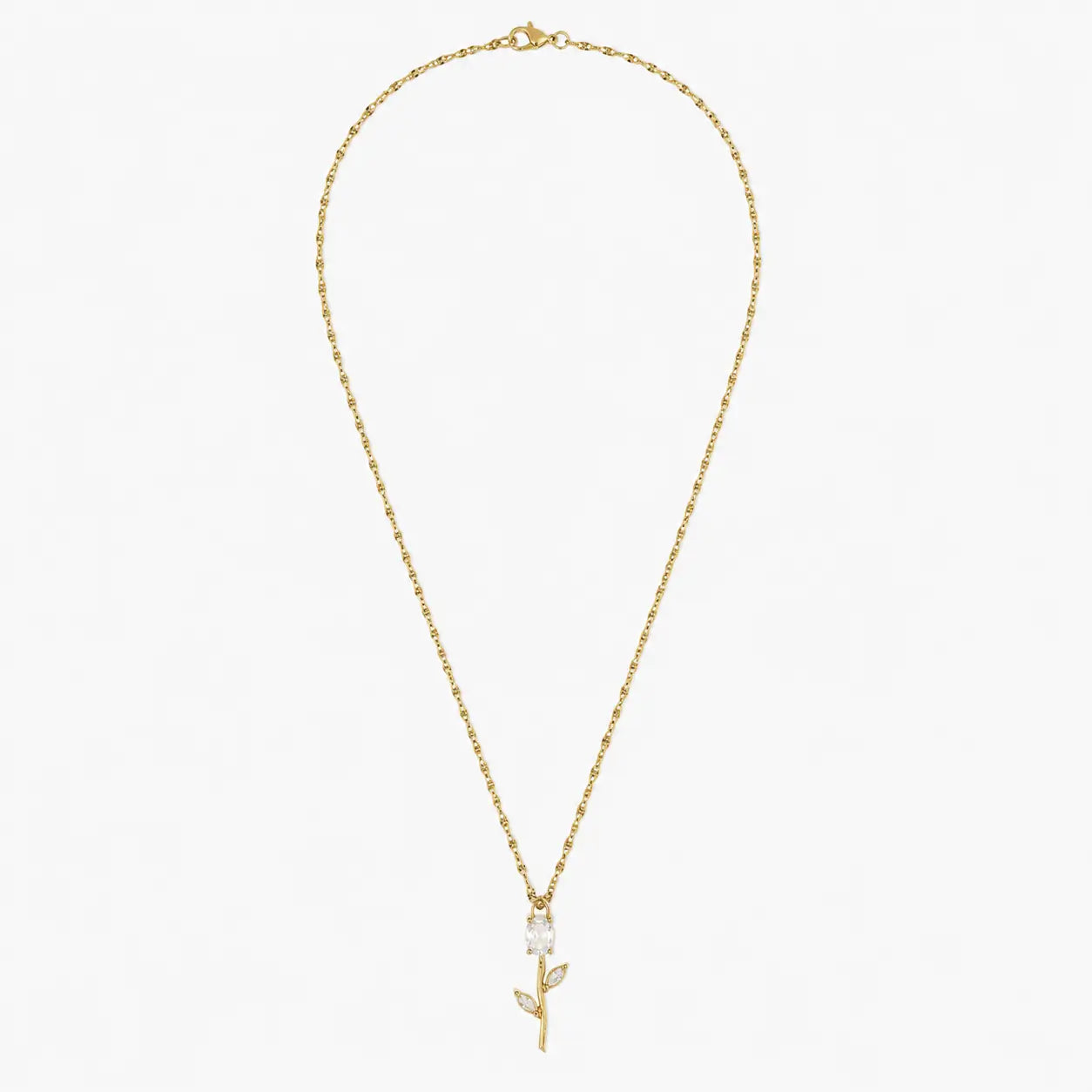Gold-tone clear crystal tulip pendant necklace on white background, full chain view