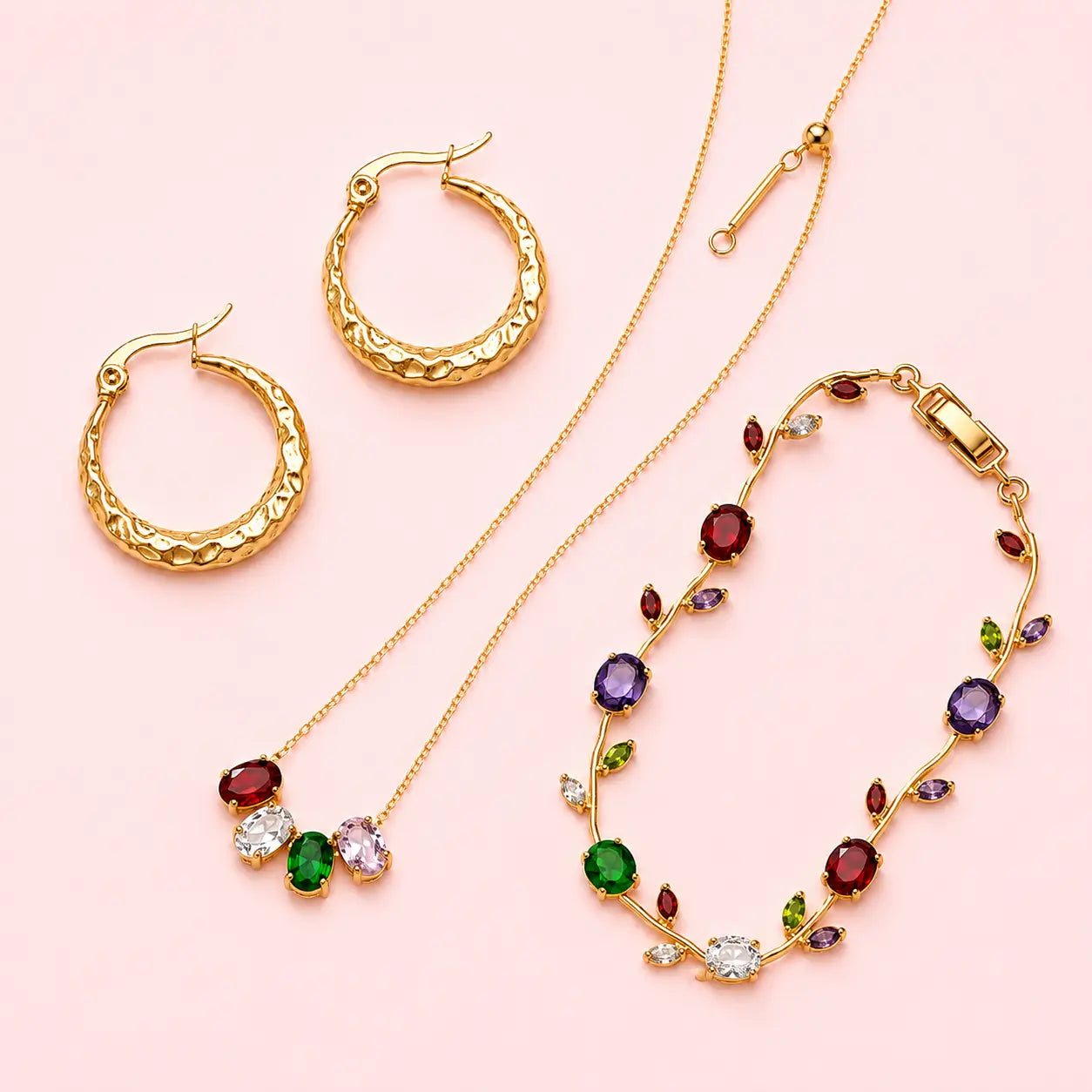 Gold-tone party wear jewellery set with multi-color stone necklace, bracelet and textured hoop earrings