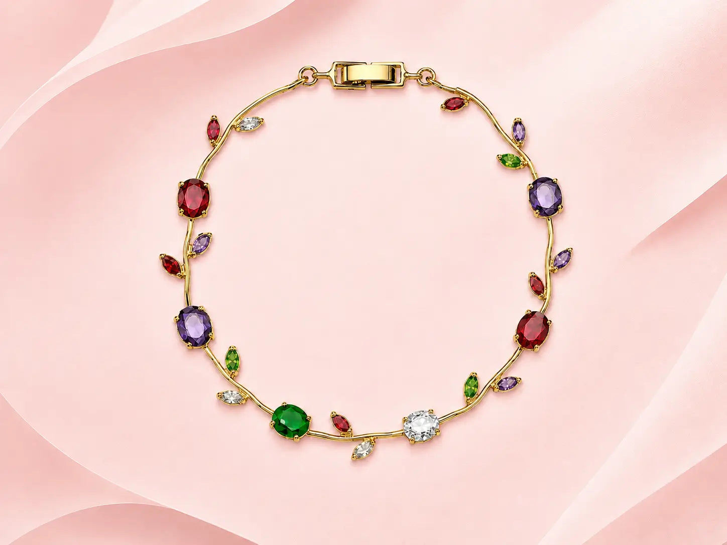 A gold vine-style bracelet necklace adorned with colorful gemstones, including red, purple, green, and clear stones, displayed on a soft pink fabric background.