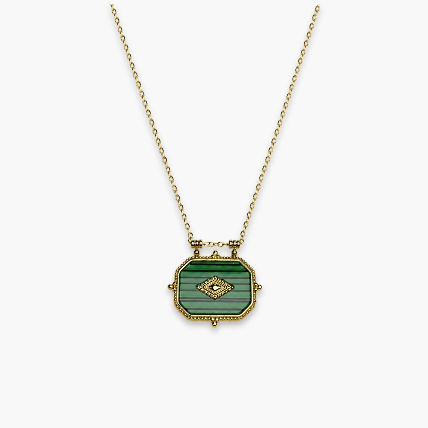 Black eye-motif rectangular pendant necklace on fine Dark Green Gold-color chain